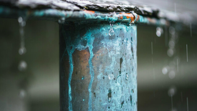 Closeup view of rusted metal pipe with water droplets during rainy weather conditions