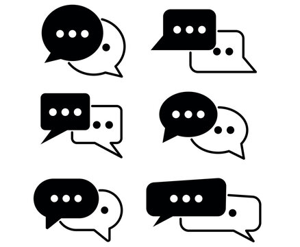 Six black and white overlapping speech bubbles with ellipsis dots, symbolizing online chat, messaging, and dialogue.