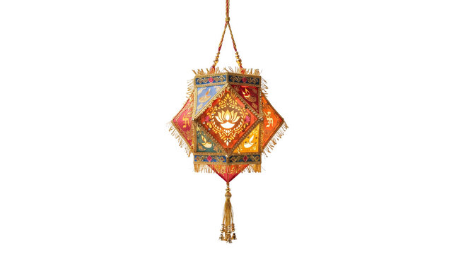 Traditional Indian Diwali lantern with colorful fabric panels, ornamental hanging akash kandil for festival decor, decorative star lamp with tassel details isolated PNG with Transparent