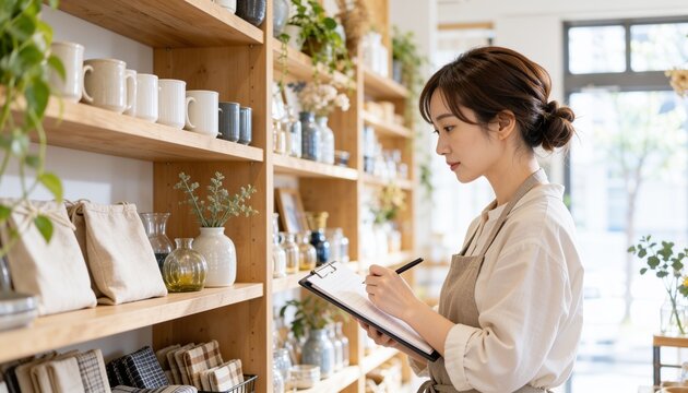 生活用品の収納棚の前でチェックリストに記入する女性