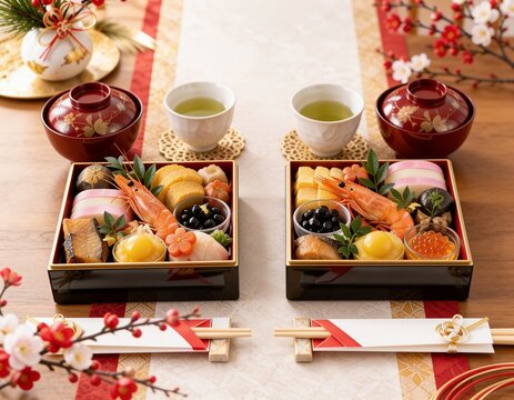 赤と金のランナーに並ぶ二人分のおせちと和食器を見下ろす縦構図