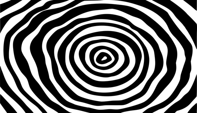 Black and white hypnotic spiral background with wavy concentric circles. Abstract optical illusion vortex pattern for psychedelic design. Bold hand drawn swirl texture ideal for posters.