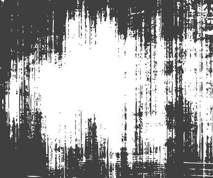 Black grunge distressed texture with white center isolated background. Abstract scratched dirty overlay with rough vertical streaks for vintage design. Gritty noise effect ideal for posters.