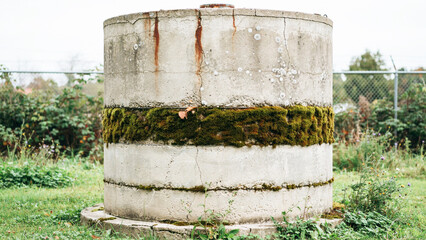 Fototapeta premium Old Concrete Water Tank Covered With Moss And Rust In Outdoor Grass Area
