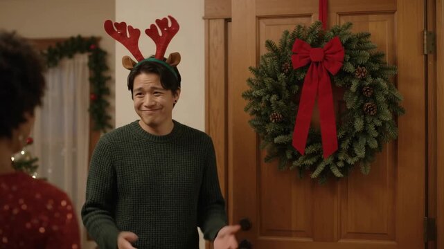 Young Asian Man Wearing Reindeer Antlers Playfully Flinching and Smiling at Christmas Party