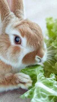 A rabbit munching on fresh lettuce at a table