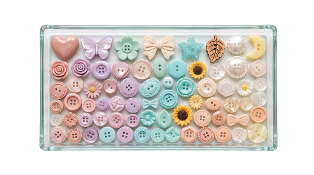 Pastel rainbow assortment of decorative buttons, a charming collection of craft supplies, colorful sewing notions for DIY projects, and whimsical embellishments for creative designs.