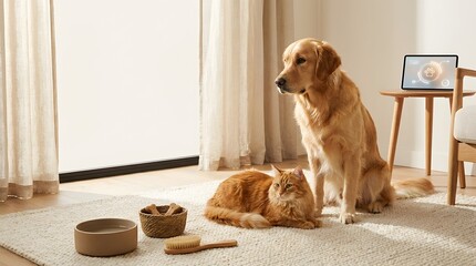 Naklejka na ściany i meble Golden Retriever and Orange Cat Relaxing at Home with Pet Bowls