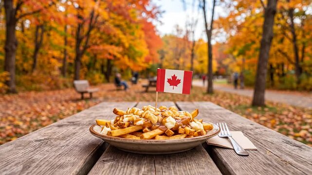 Traditional Canadian Poutine with Flag on Wooden Picnic Table in Autumn Park