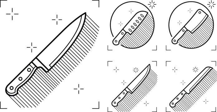 Kitchen chef knife set cooking cutlery blade vector illustration doodle outline design elements