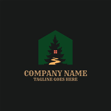 Vintage Retro Pine Tree Cabin House Logo Vector