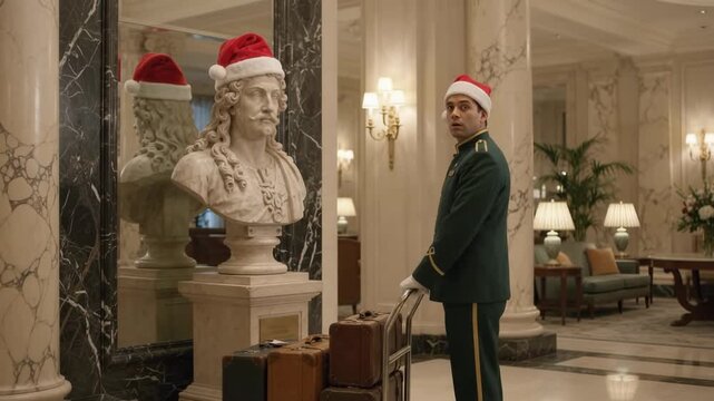 Hotel Bellboy Pushing Luggage Cart in Festive Lobby Turns Around in Surprise