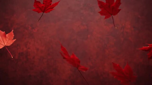 Red maple leaves falling and floating in slow motion against a dark red textured background during autumn.