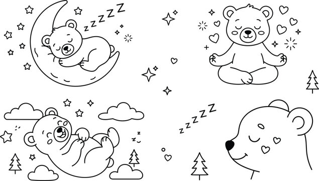 Cute sleeping bear baby animal moon stars doodle vector illustration outline character set