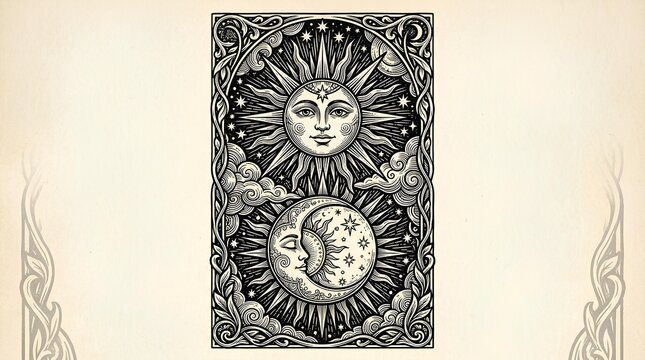 Intricate black and white engraving of mystical sun and crescent moon with faces in celestial border