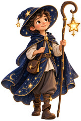 Obraz premium Cute Stargazer Boy In Navy Blue Cloak Holding Star Lantern Clipart