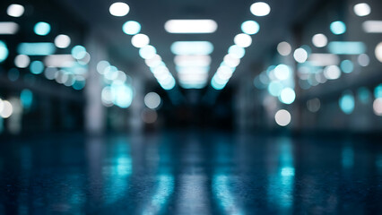 Fototapeta premium Abstract blurred futuristic corridor with glowing blue bokeh lights