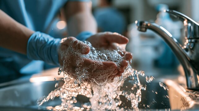 A person wearing blue gloves thoroughly washes hands with soap and water under warm light, isolated on transparent background. Essential for hygiene and public health campaigns.