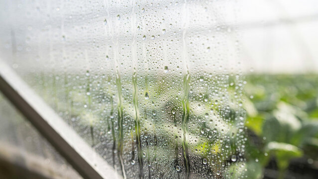 Raindrops on glass window showing blurred green garden plants outside on a cloudy day
