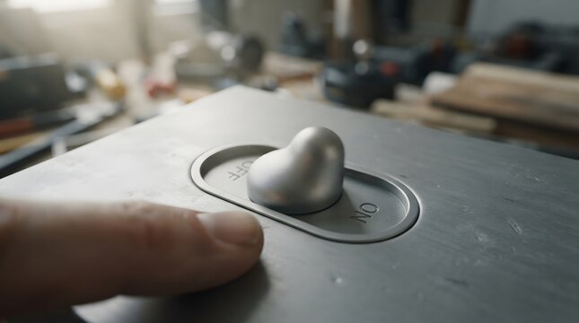 A finger presses a unique heart-shaped toggle switch. The switch reads "OFF" and "ON" on a metallic surface.