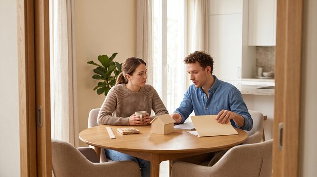 First time homebuyer planning with young couple discussing property purchase and household finances, mortgage preparation, savings goals, real estate decision, insurance, budgeting, and ownership