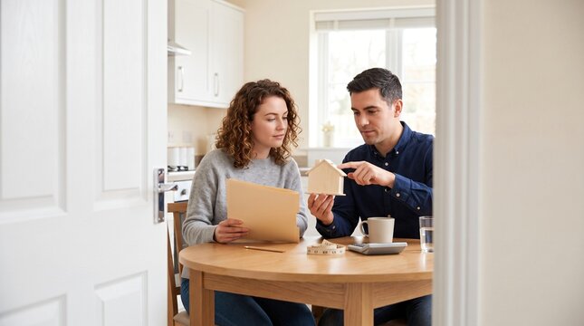 First time homebuyer planning with young couple discussing property purchase and household finances, mortgage preparation, savings goals, real estate decision, insurance, budgeting, and ownership
