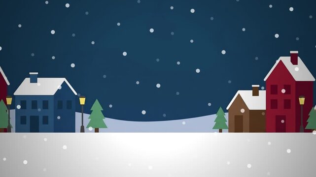 Animated winter village with falling snow in flat vector style