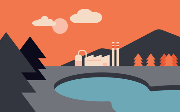 Industrial Factory by the Water Surrounded by Pine Trees