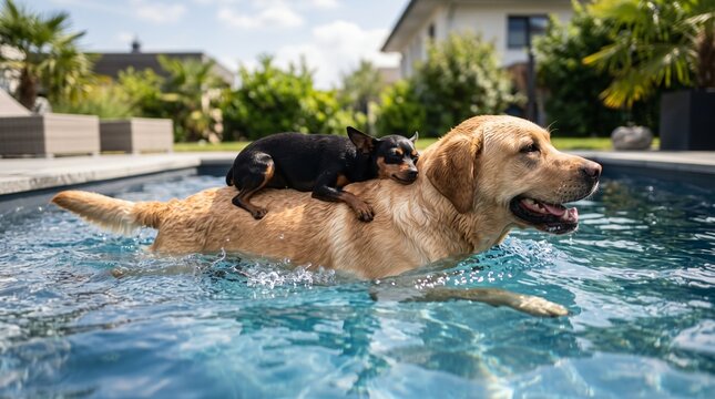 Pinscher Riding on a Labrador's Back While Swimming in a Pool (Canis lupus familiaris).