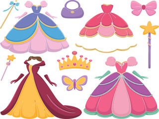 Fairy tale princess dress fashion set with tiara crown magic wands butterfly and fancy ball gowns vector © MSTACCHMA