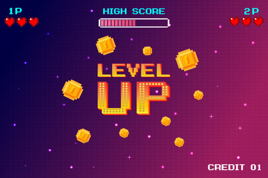 LEVEL UP icon pixel art. 8 bit game. retro game. Retro Futurism Sci-Fi Background. glowing neon grid and stars from vintage arcade computer games
