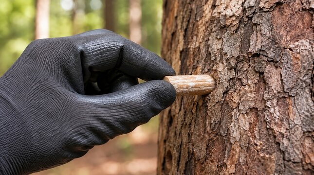 Mano insertando tapón de micelio en tronco perforado 