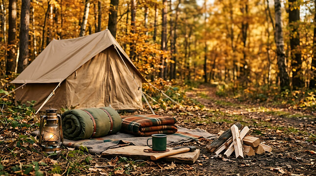 Autumn Camping Gear and Forest Outdoor Lifestyle Scene
