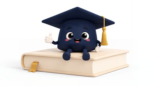Cute 3D graduation cap character on blank book