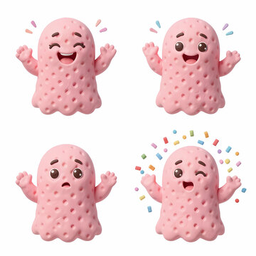 Character sheet of a cute pink bubble wrap ghost mascot in smooth claymation style. 2x2 grid featuring 4 poses: giggling, waving, thinking, and celebrating with confetti. Isolated on white.