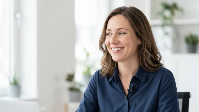Professional woman smiling and talking in a modern office. Female executive speaking during a business meeting or interview