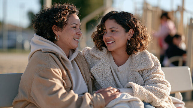 Two mothers at a playground bench watching children in the distance while leaning together in quiet animated conversation, parenting community gossip and school gate chatter