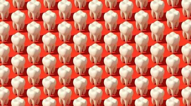 Isometric pattern of human molar teeth on a bright red background for dental healthcare