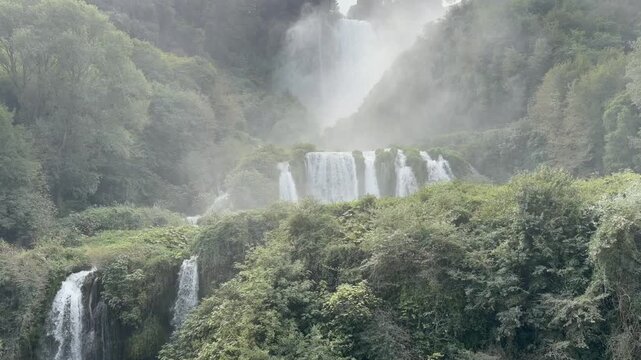 Marmore Falls is a tiered, man-made waterfall in Italy, created by the Roman in 271 BC. At 165 m fall, It is the largest man-made waterfall in the world. It is located about 8 km from Terni, Italy