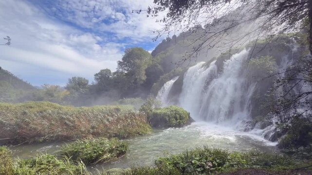 Marmore Falls is a tiered, man-made waterfall in Italy, created by the Roman in 271 BC. At 165 m fall, It is the largest man-made waterfall in the world. It is located about 8 km from Terni, Italy