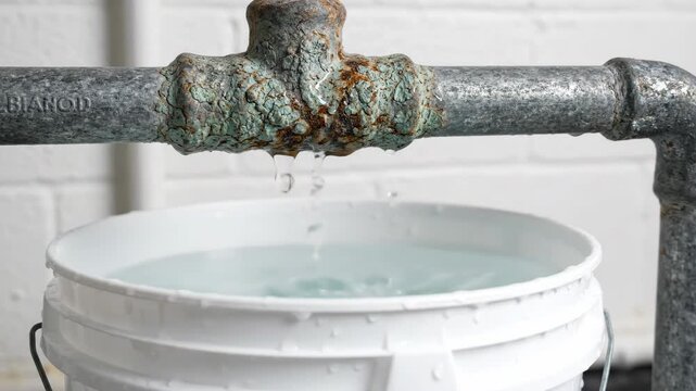 Close-up of water dripping from a heavily rusted metal pipe joint. Catching a plumbing leak in a white plastic bucket. Household maintenance concept