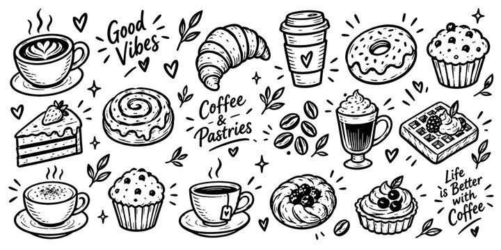 Hand Drawn Coffee and Bakery Doodle Collection with Cute Cafe Illustrations