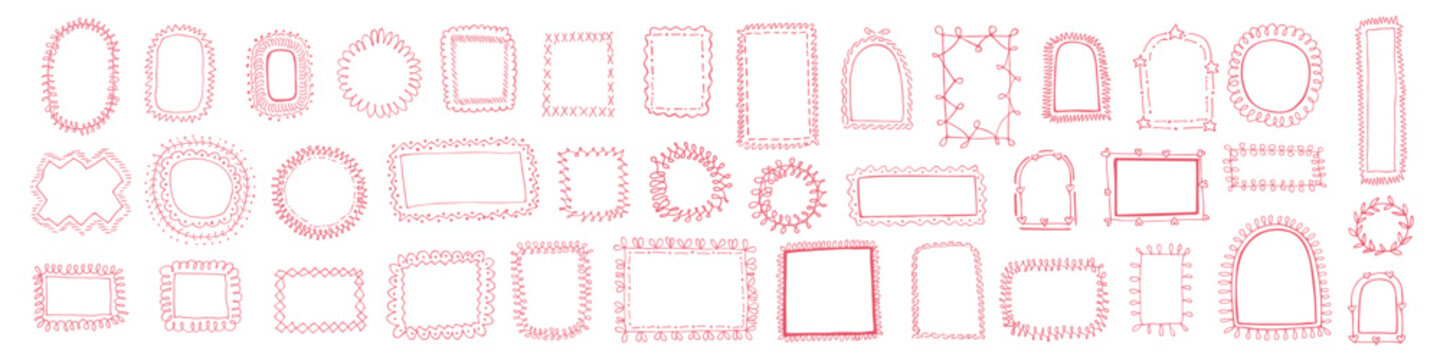 Set of thin red hand drawn decorative frames in oval, rectangle, square, arch, and circular shapes, arranged in rows on a white background with stitched and scalloped outlines.