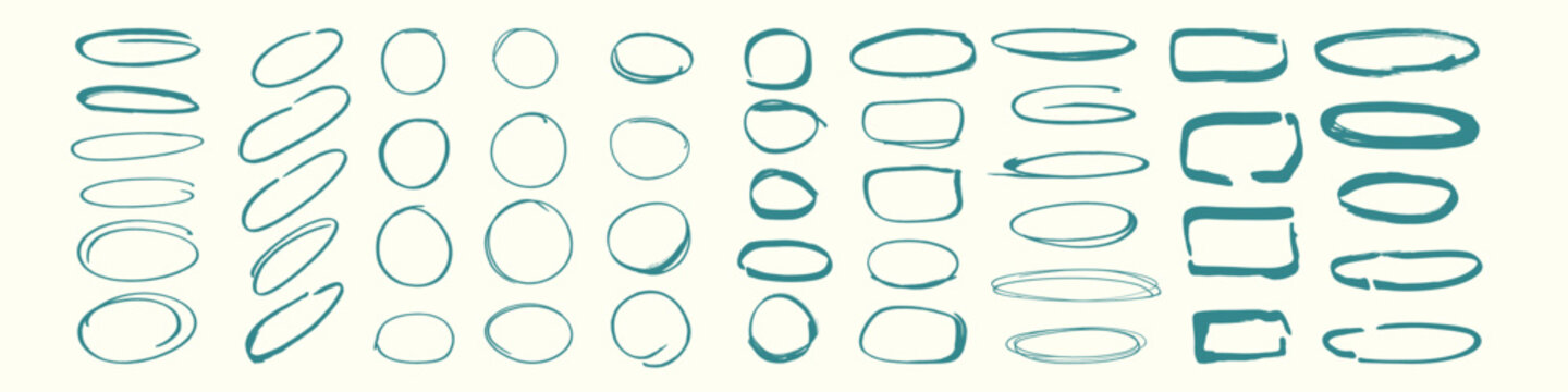 Collection of hand drawn teal oval, circle, rounded rectangle, and irregular outline frames arranged in rows on a pale cream background with varied sketchy brush strokes.