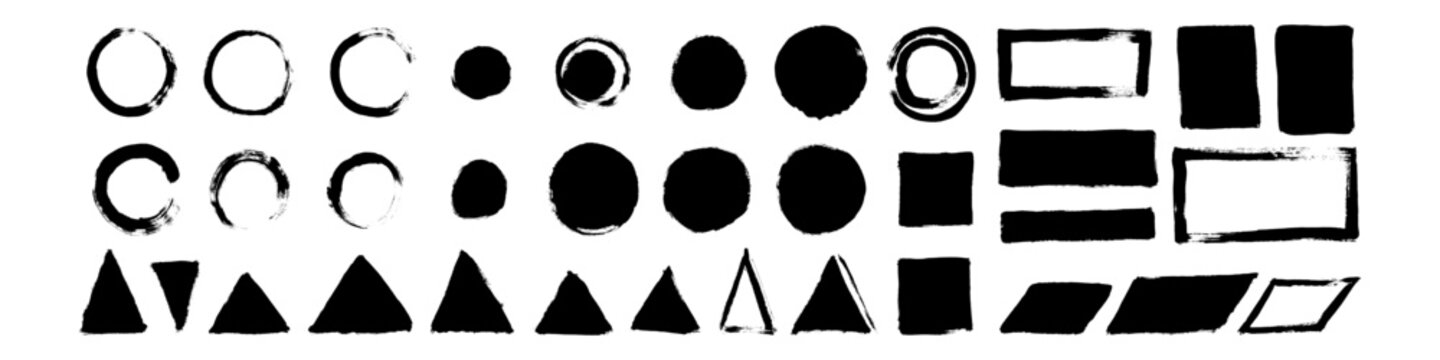 Collection of black hand drawn circles, dots, triangles, rectangles, and slanted quadrilaterals arranged in two rows on a white background with rough brush edges.