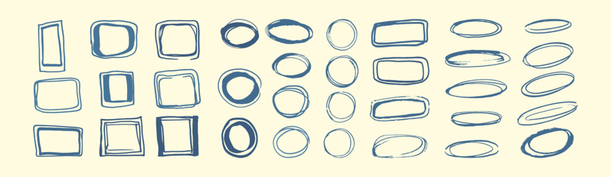 Set of hand drawn blue rectangular oval and circular frames arranged in rows on a pale cream background with rough sketch lines and uneven outlined edges.