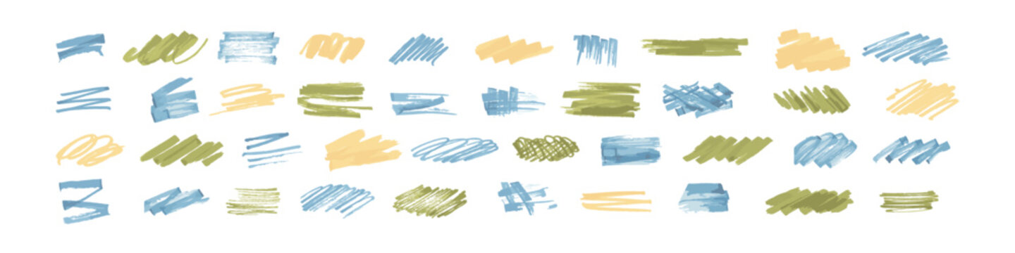 Collection of hand drawn blue olive green and pale yellow brush strokes arranged in neat rows on a white background, with scribble, hatch, and paint swash marks.