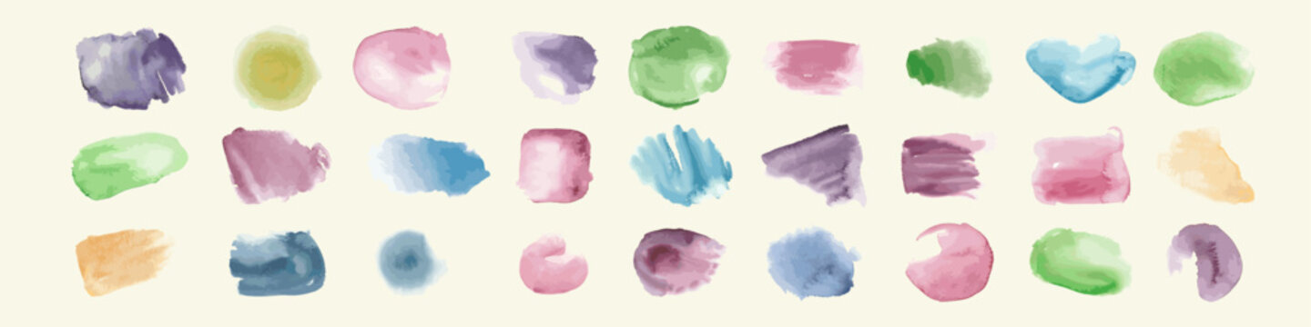 Collection of colorful watercolor paint swatches arranged in three horizontal rows on a cream background, featuring loose brush strokes, dabs, and rounded marks.
