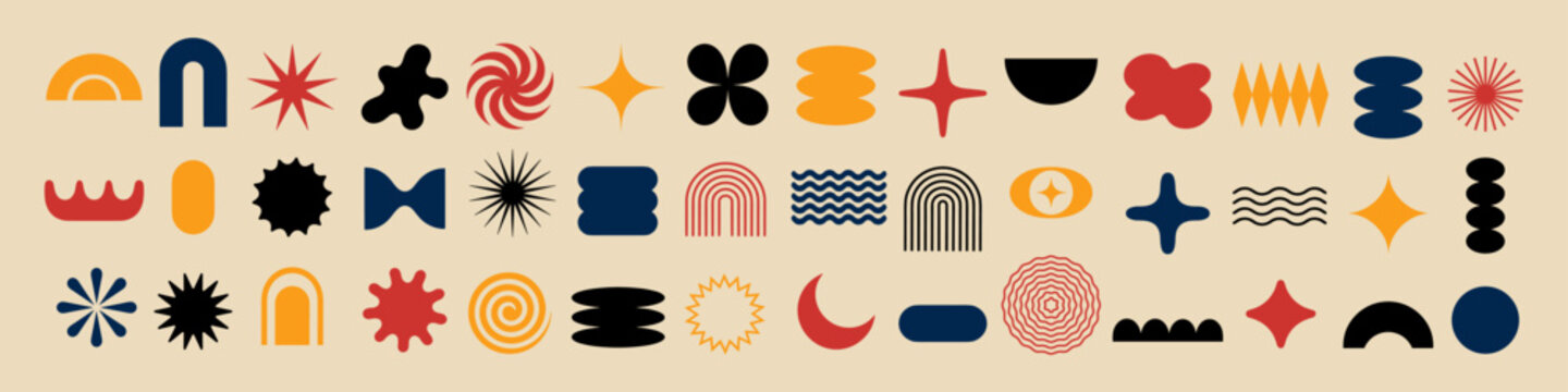 Grid of colorful retro geometric symbols including arches, stars, spirals, waves, crosses, circles, sunbursts, and abstract organic forms on a beige field.
