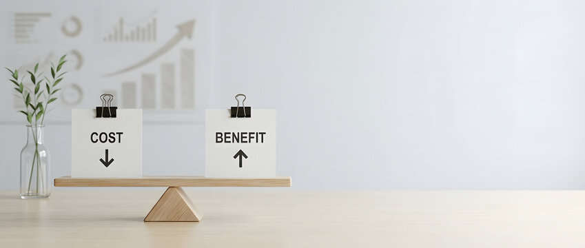 Cost-benefit analysis concept with paper notes on a wooden balance scale against a blurred business office background, illustrating financial strategy, profit growth, and economic efficiency.